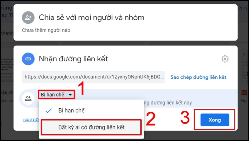 Chọn biểu tượng dấu mũi tên xuống, tiếp tục chọn Bất kỳ ai có đường liên kết